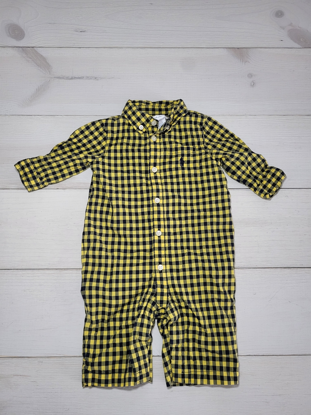 Ralph Lauren Baby Outfit Yellow Navy Gingham Collared Cotton One-Piece Preppy.